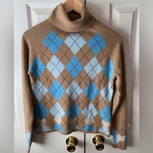 Folio New York Brown Blue Argyle Heart‎ 100% Cashmere Turtleneck Sweater M